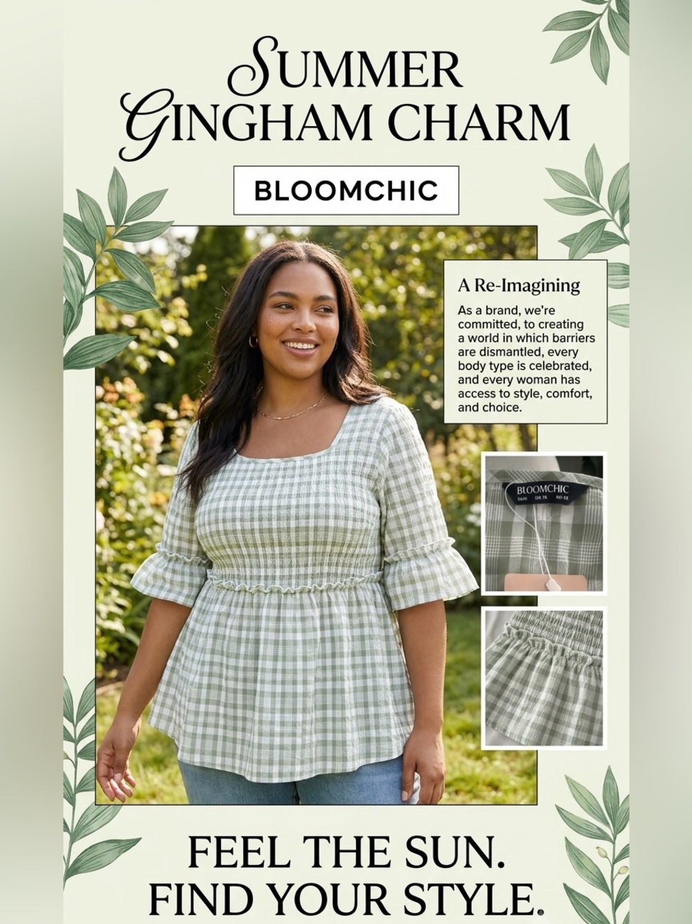 BloomChic Sage and White Gingham Peplum Blouse